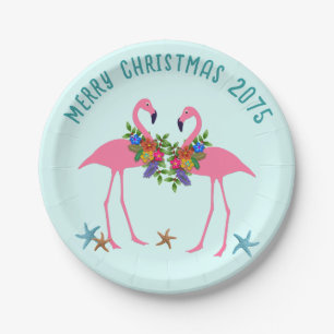 Prato De Papel Mensagem de Natal Tropical Flamingo Rosa