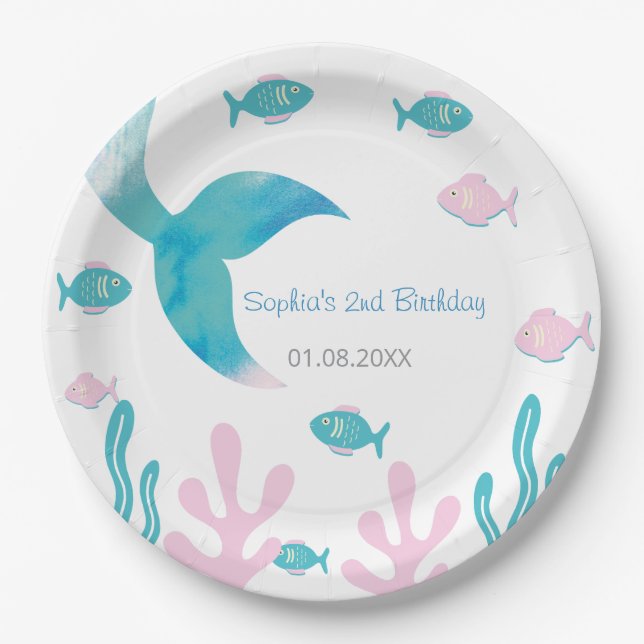 Prato De Papel Mermaid Fish Pastel Pink Blue Birthday  (Frente)