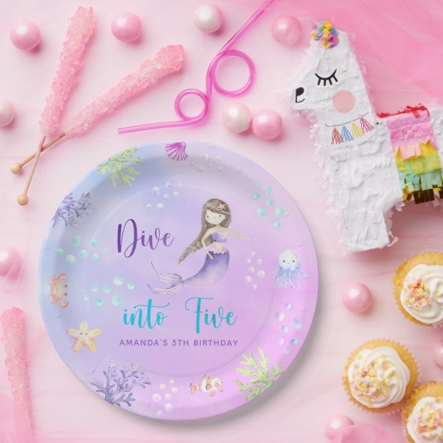 Prato De Papel Mermaid Girl Mergulha Em Cinco 5 (Festa)
