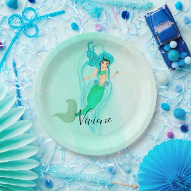 Prato De Papel Mermaid Green Mermaid Tail Girly (Festa)