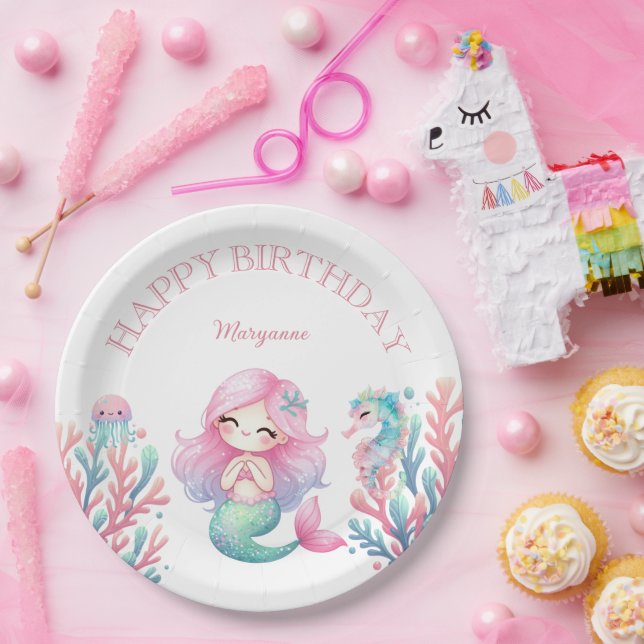 Prato De Papel Mermaid Tail Teal Pink Girly Birthday Party (Festa)
