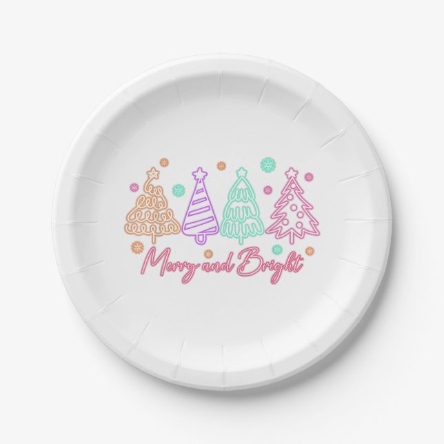 Prato De Papel Merry and Bright Tree Neon Christmas (Frente)