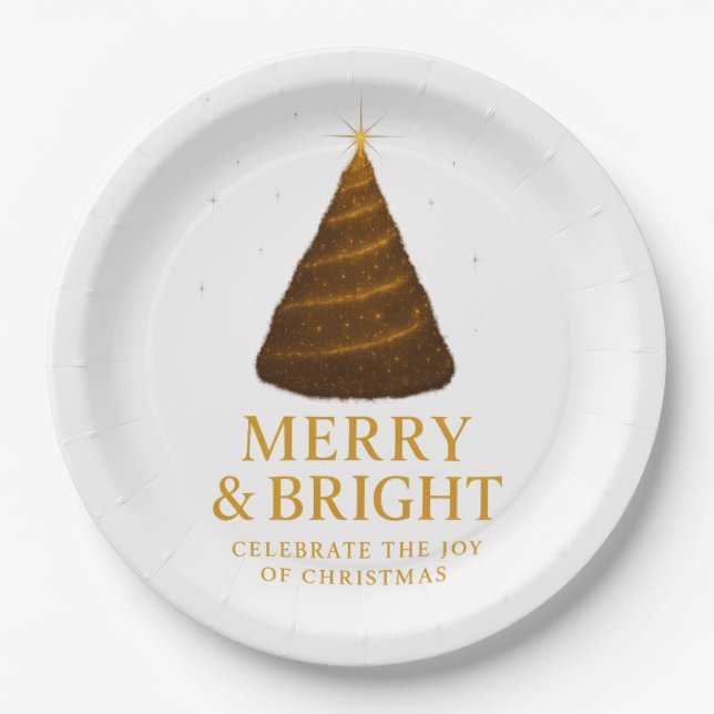 Prato De Papel Merry & Bright Gold Christmas Paper Dinner Plates (Frente)