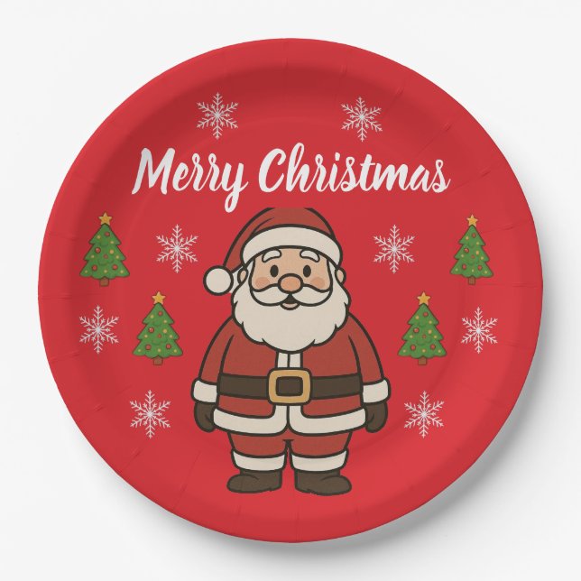 Prato De Papel Merry Christmas Cartoon Santa Claus Fun Red (Frente)