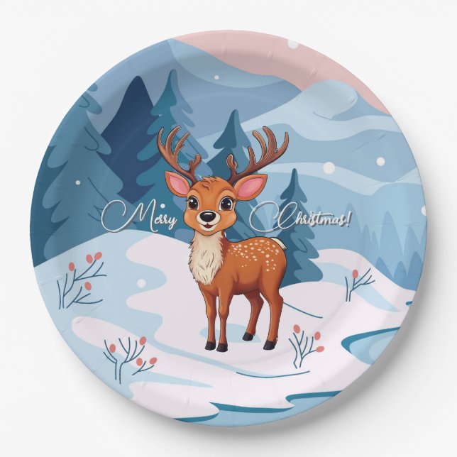Prato De Papel Merry Christmas Cute Cartoon Reindeer in winter  (Frente)
