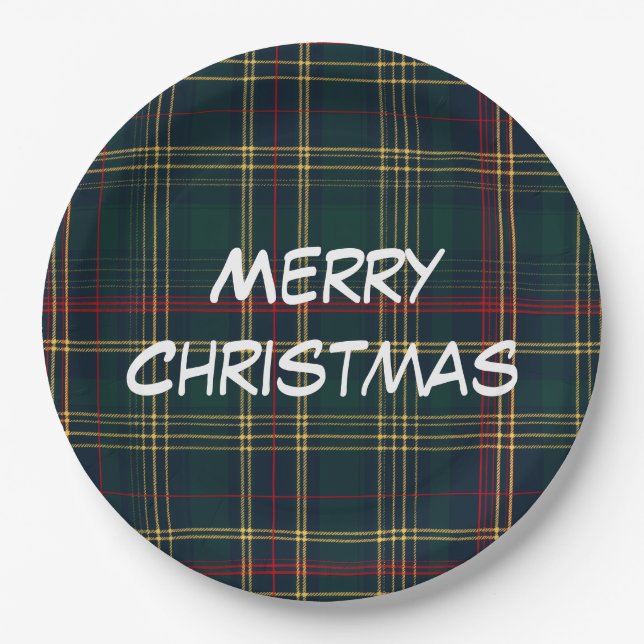 Prato De Papel Merry Christmas Festive Plaid Paper Plates (Frente)