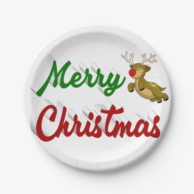 Prato De Papel Merry Christmas Flying Reindeer red green script (Frente)