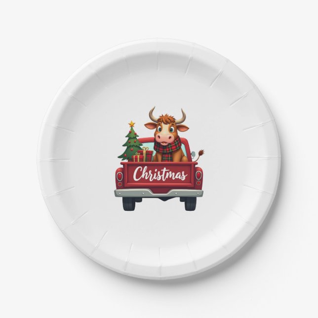 Prato De Papel Merry Christmas Highland Cow Christmas Tree Red Tr (Frente)