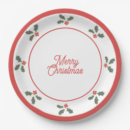 Prato De Papel Merry Christmas Holly Plate Red and White