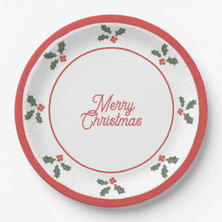 Prato De Papel Merry Christmas Holly Plate Red and White