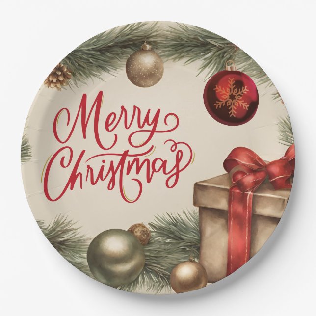 Prato De Papel Merry Christmas Pine Branch com Ornaments (Frente)