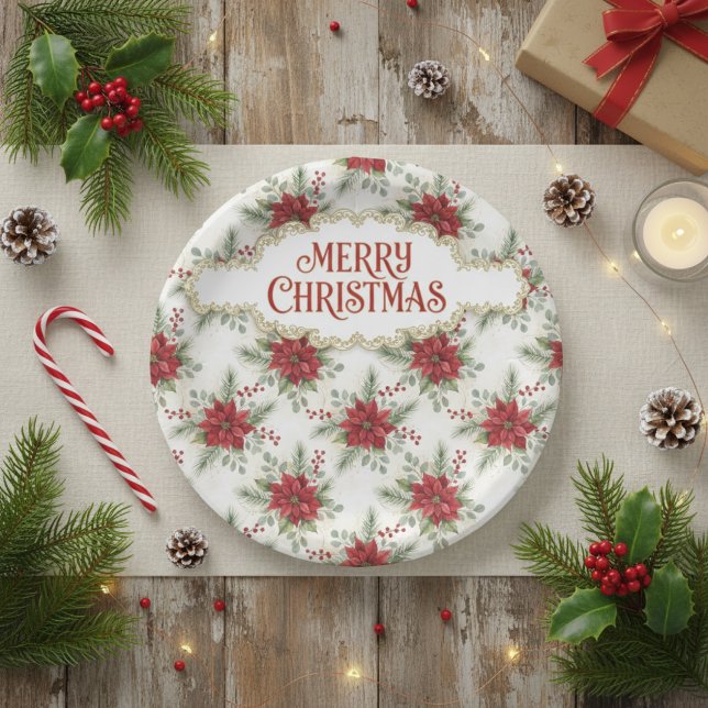 Prato De Papel Merry Christmas Poinsettia Paper Plates (Merry Christmas Poinsettia Paper Plate)