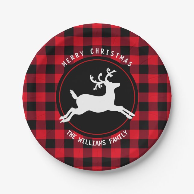 Prato De Papel Merry Christmas Reindeer Red Black Buffalo Check (Frente)