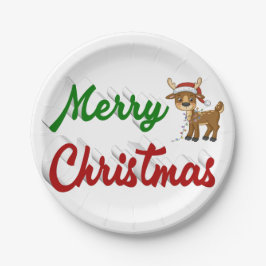 Prato De Papel Merry Christmas Reindeer red green script