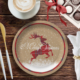 Prato De Papel Merry Christmas Reindeer Tartan Red/Kraft ID590