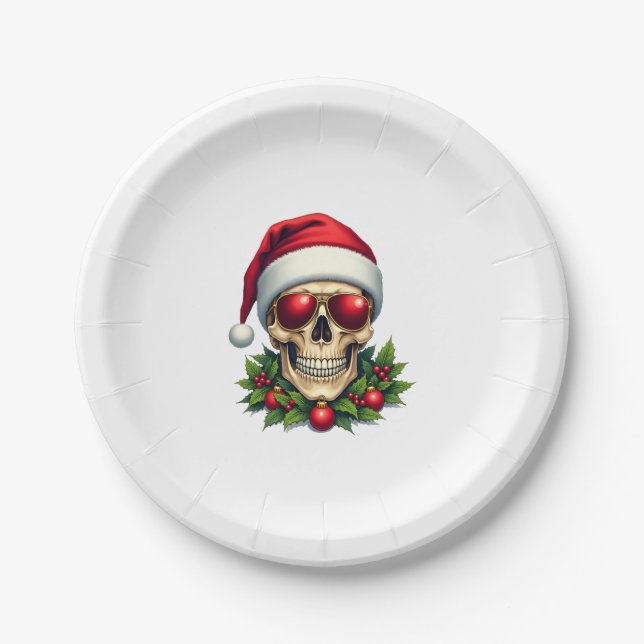 Prato De Papel Merry Christmas Sugar Skull Santa Hat Family Xmas  (Frente)