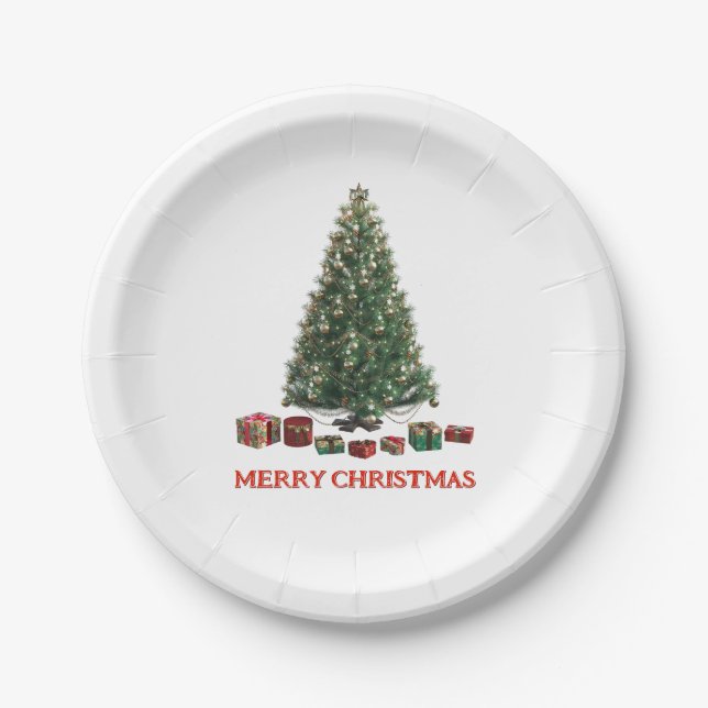 Prato De Papel Merry Christmas. Tree (design 1) with gifts (Frente)