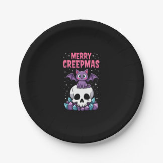 Prato De Papel Merry Creepmas Cat Pastel Goth Christmas Skull T-S