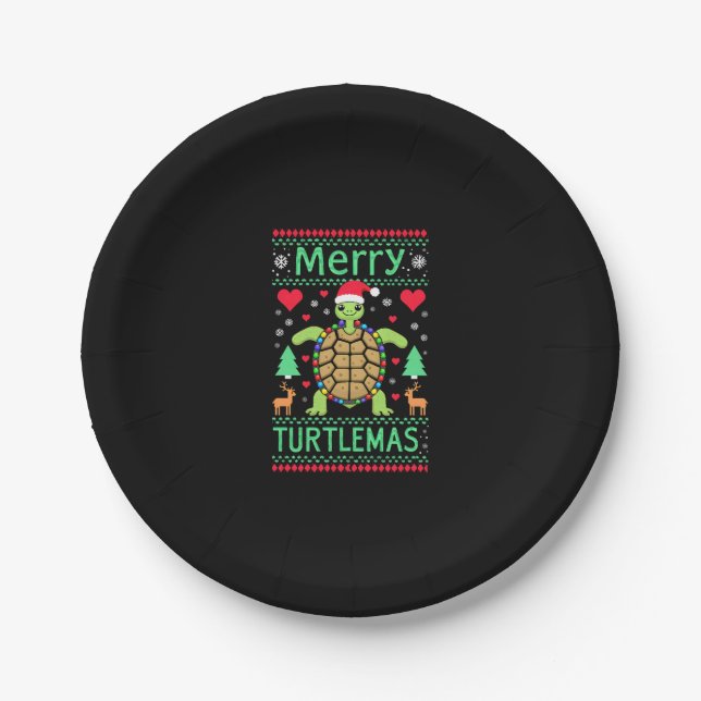 Prato De Papel Merry Turtlemas Christmas Lights Cute Turtle Santa (Frente)