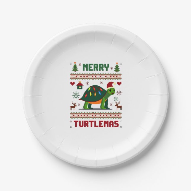 Prato De Papel Merry Turtlemas Christmas Lights Cute Turtle Santa (Frente)