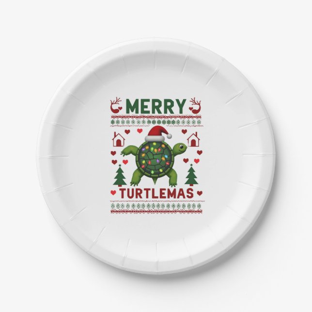 Prato De Papel Merry Turtlemas Christmas Lights Cute Turtle Santa (Frente)