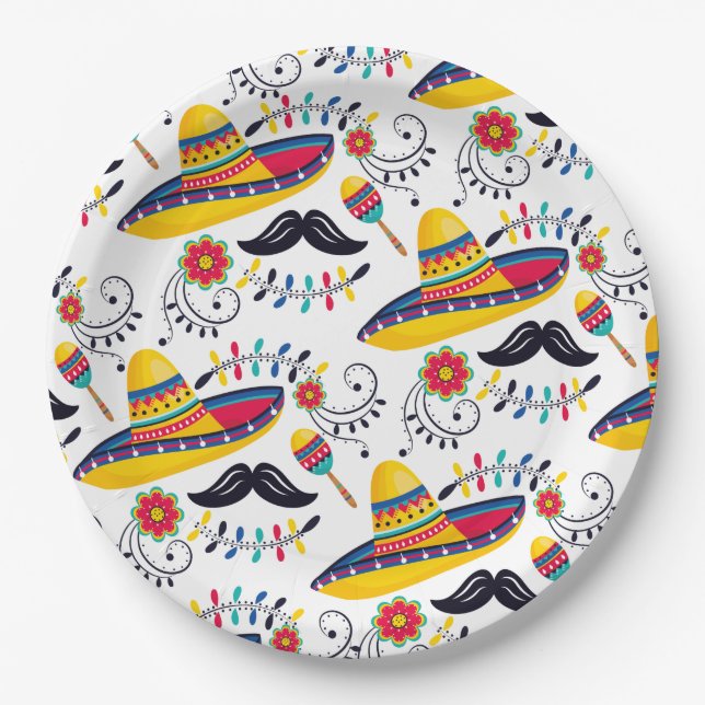Prato De Papel Mexicano Folk Art Pattern Sombreros, Mustaches (Frente)
