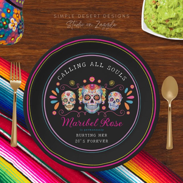 Prato De Papel México Dia de los Muertos Sugar Skull Aniversário (Custom black calavera dia de los muertos birthday party day of the dead mexican fiesta paper plates)