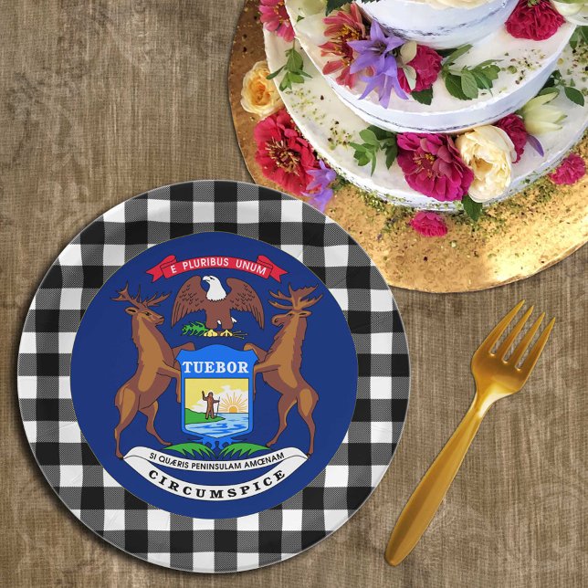Prato De Papel Michigan Plate, xadrez de búfalos EUA e Bandeira d (Criador carregado)