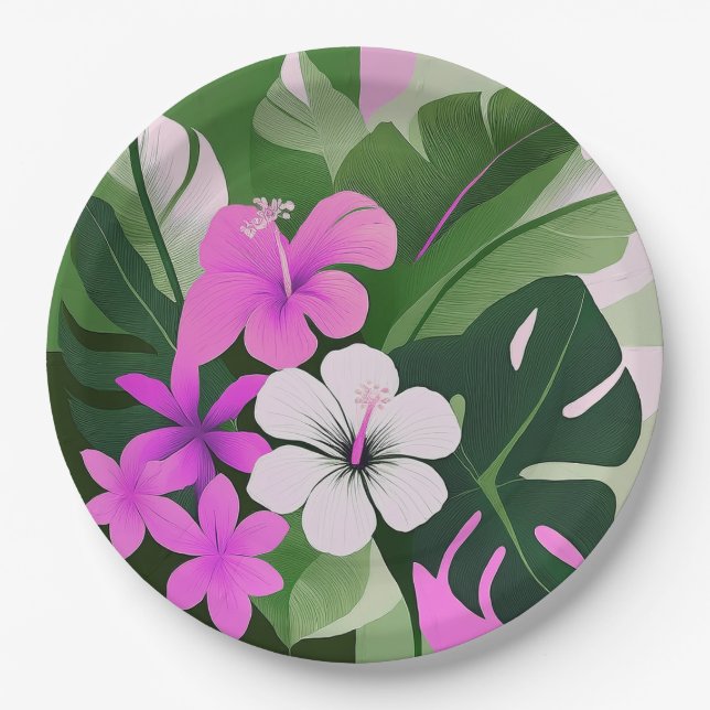 Prato De Papel Mid-Century Modern Hawaiian Hibiscus and Plumeria (Frente)