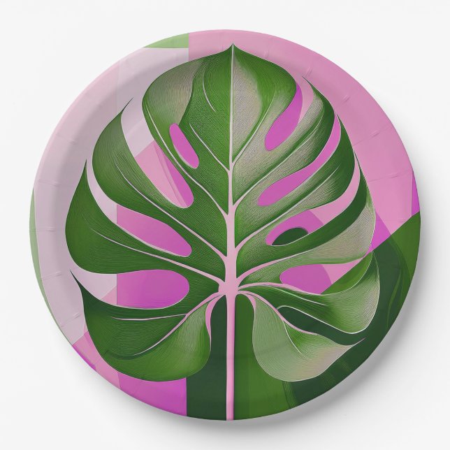 Prato De Papel Mid-Century Modern Hawaiian Monstera Leaf (Frente)