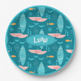 Prato De Papel Mid Century Pink Catamaran - Blue Background