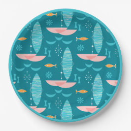 Prato De Papel Mid Century Pink Catamaran - Blue Background