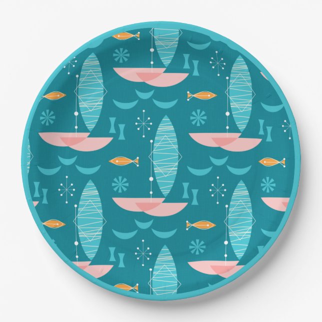 Prato De Papel Mid Century Pink Catamaran - Blue Background (Frente)