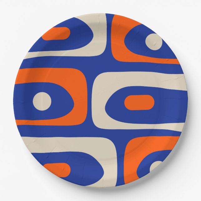 Prato De Papel Midcentury Modern Piquet Abstract Blue Orange (Frente)