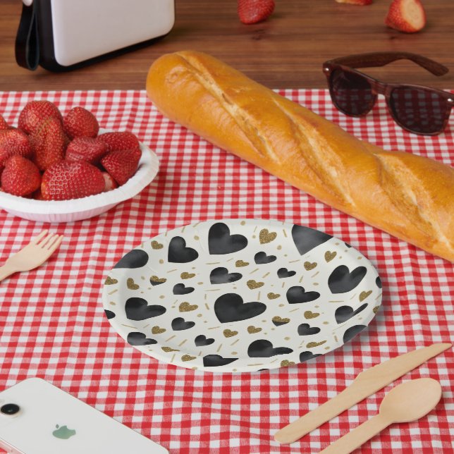 Prato De Papel Midnight Glamour Watercolor & Gold Hearts (Piquenique)