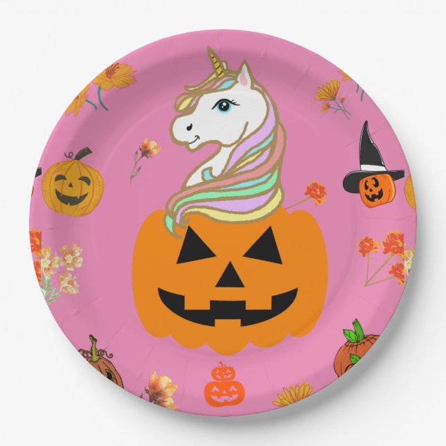 Prato De Papel Mikitiez halloween unicorn assustou outono (Frente)
