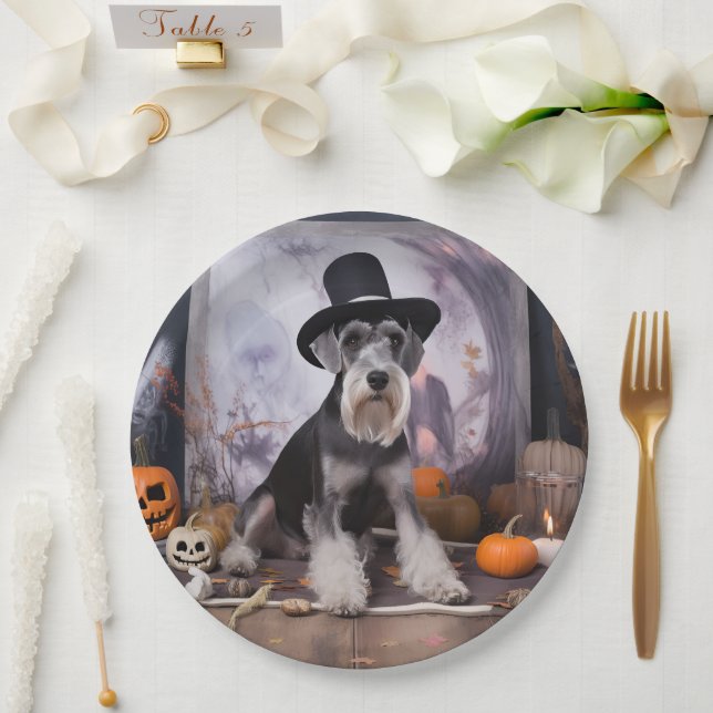Prato De Papel Miniatura Schnauzer Abóboras Dia das Bruxas Assust (Casamento)