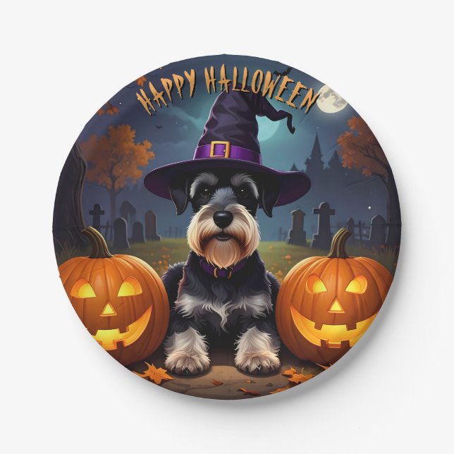 Prato De Papel Miniatura Schnauzer Halloween (Frente)