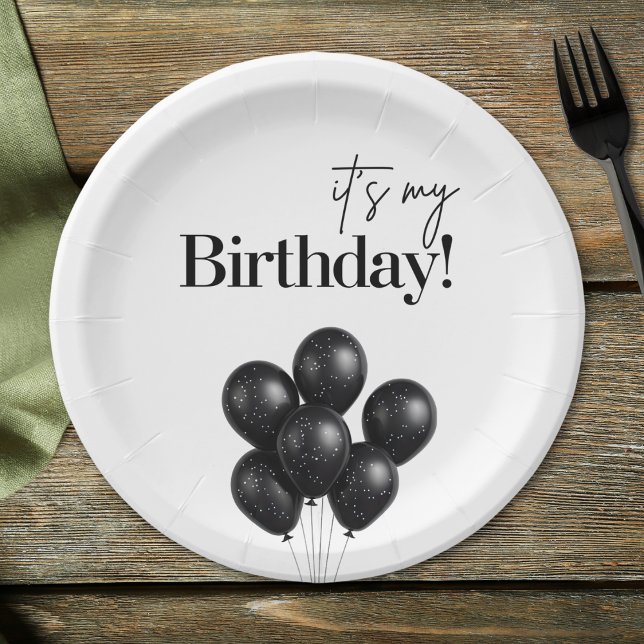 Prato De Papel Minimalist Black & White Balloon Birthday Party (Criador carregado)