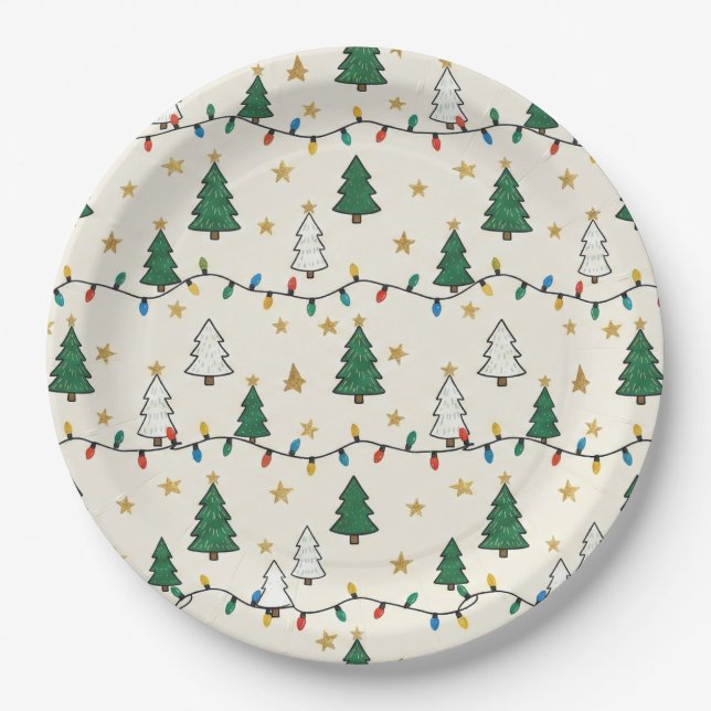Prato De Papel Minimalist Christmas Tree Lights Pattern Party (Frente)