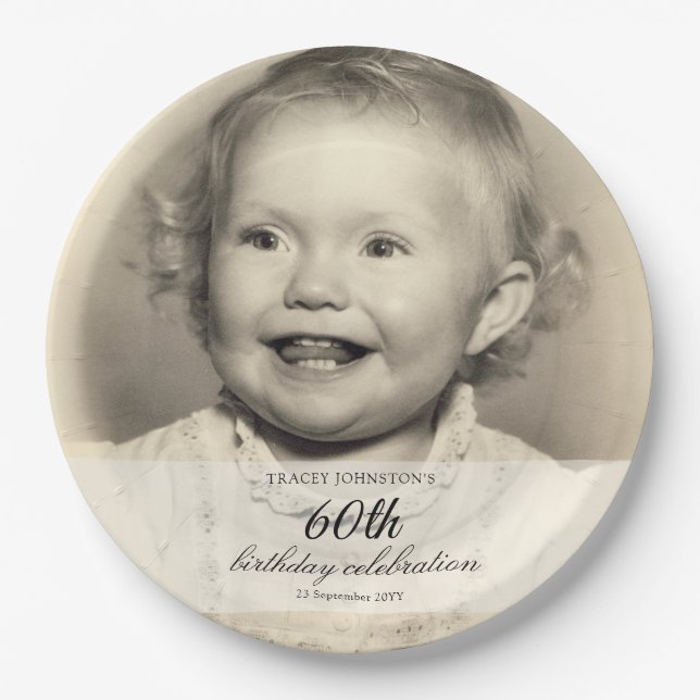 Prato De Papel Minimalist Photo 60th Birthday (Frente)