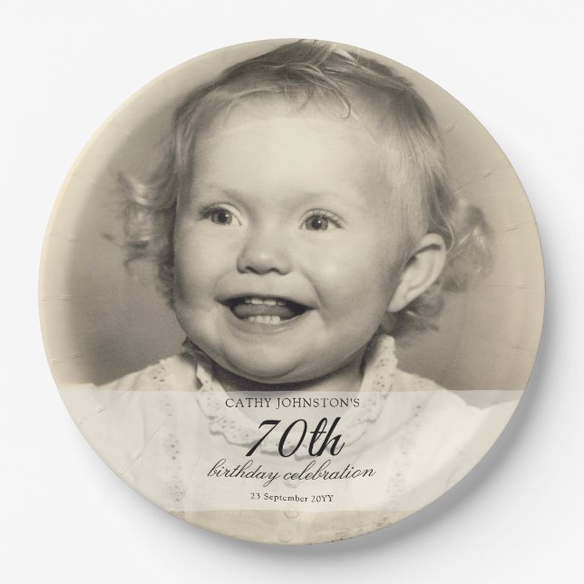 Prato De Papel Minimalist Photo 70th Birthday (Frente)