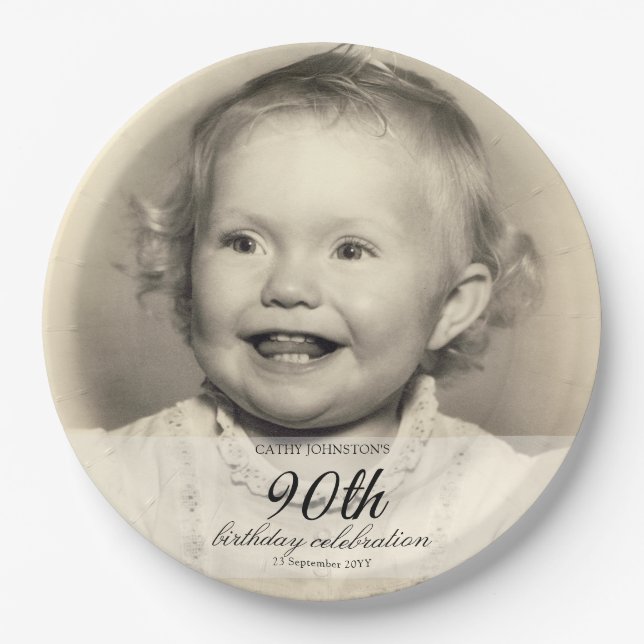 Prato De Papel Minimalist Photo 90th Birthday (Frente)