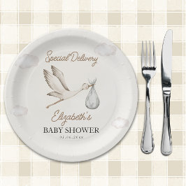 Prato De Papel Minimalist Stork-Themed Baby Shower Neutral