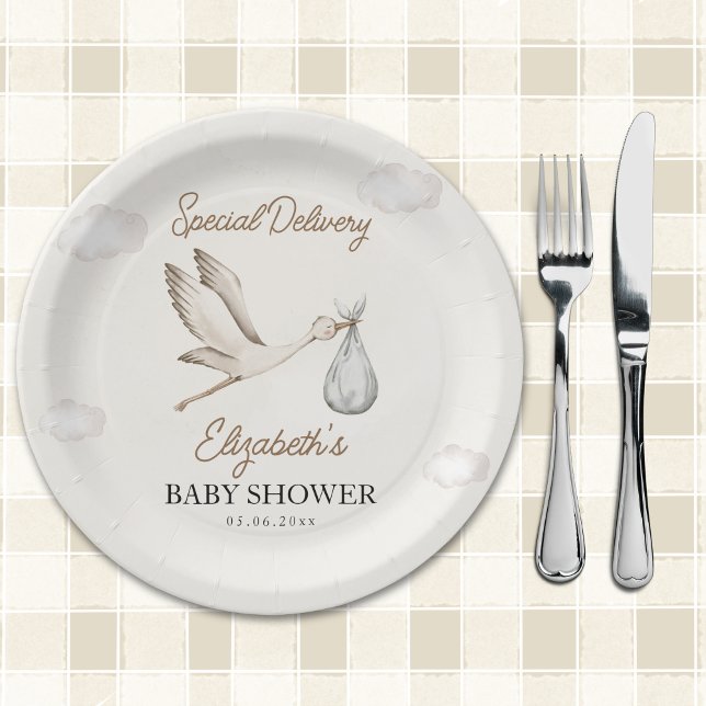 Prato De Papel Minimalist Stork-Themed Baby Shower Neutral (Criador carregado)