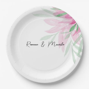 Prato De Papel Minimalista Rosa Floral Aquarela Pintada à Mão