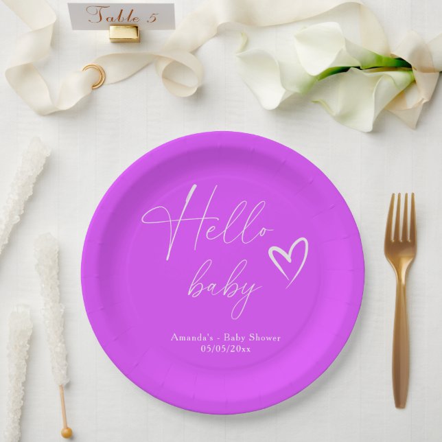 Prato De Papel Minimalista Simples Olá Bebê Roxo (Casamento)
