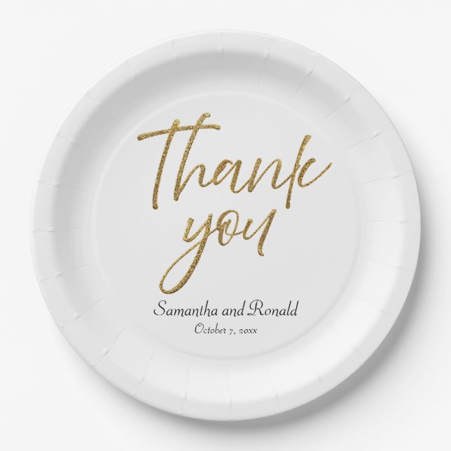 Prato De Papel Mínimo Branco e Dourado Obrigado Casamento (Frente)