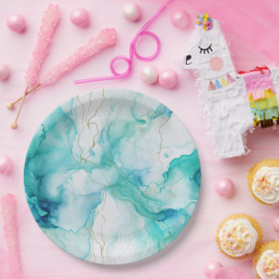 Prato De Papel Mint Aqua Dourada Ink Marble