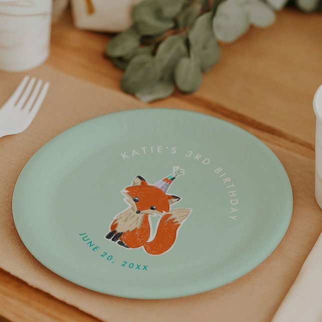 Prato De Papel Mint Green Cute Fox Party Hat Woodland Aniversário (Fox in a Party Hat birthday party personalized paper plates)